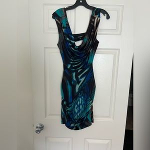 Bebe Blue Animal Print Cowl Neck Cut Out Back mini